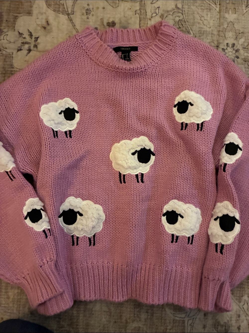 Forever 21 Pink Crewneck Sweater with White Sheep Appliqués L